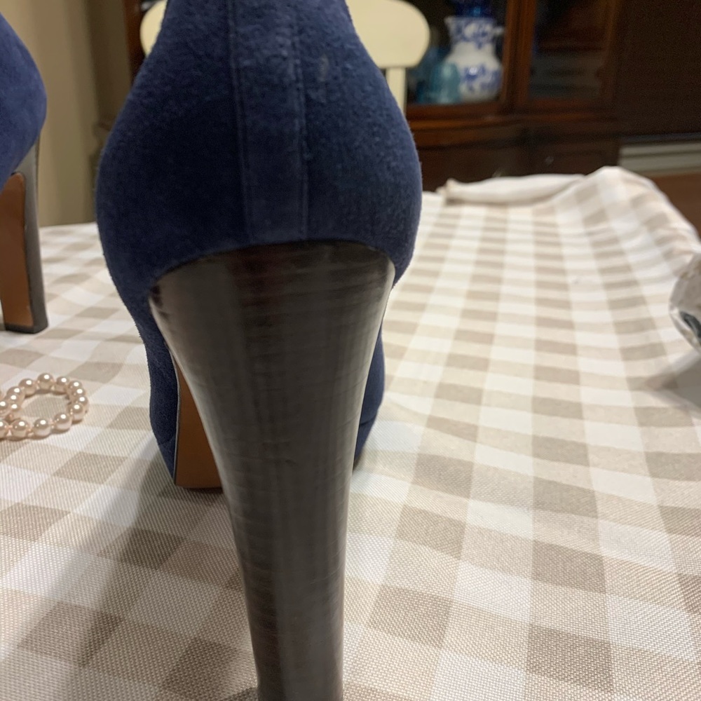 Coach Navy Suede Platform Peep-Toe Pumps - Picture 3 of 7